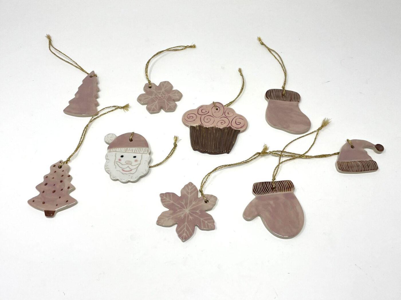 Pink & Brown Ceramic Christmas Ornament Set (9)