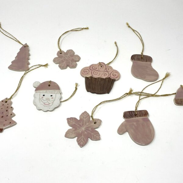 Set of 9 handmade pottery Christmas pendant ornaments / pink and chocolate brown rustic Christmas tree hanging ornament set