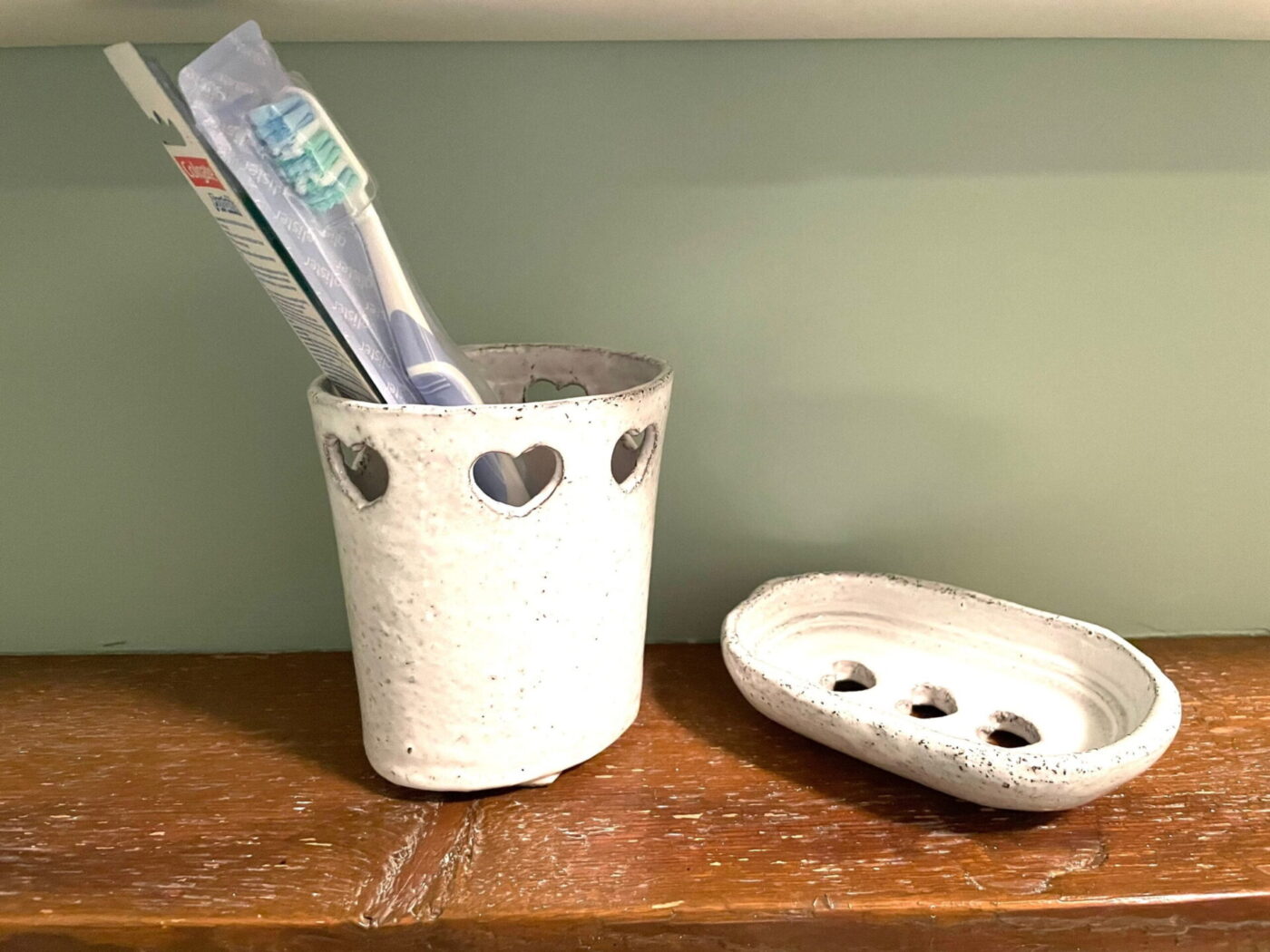 White Ceramic Soap Dish & Toothbrush Holder Set — close-up