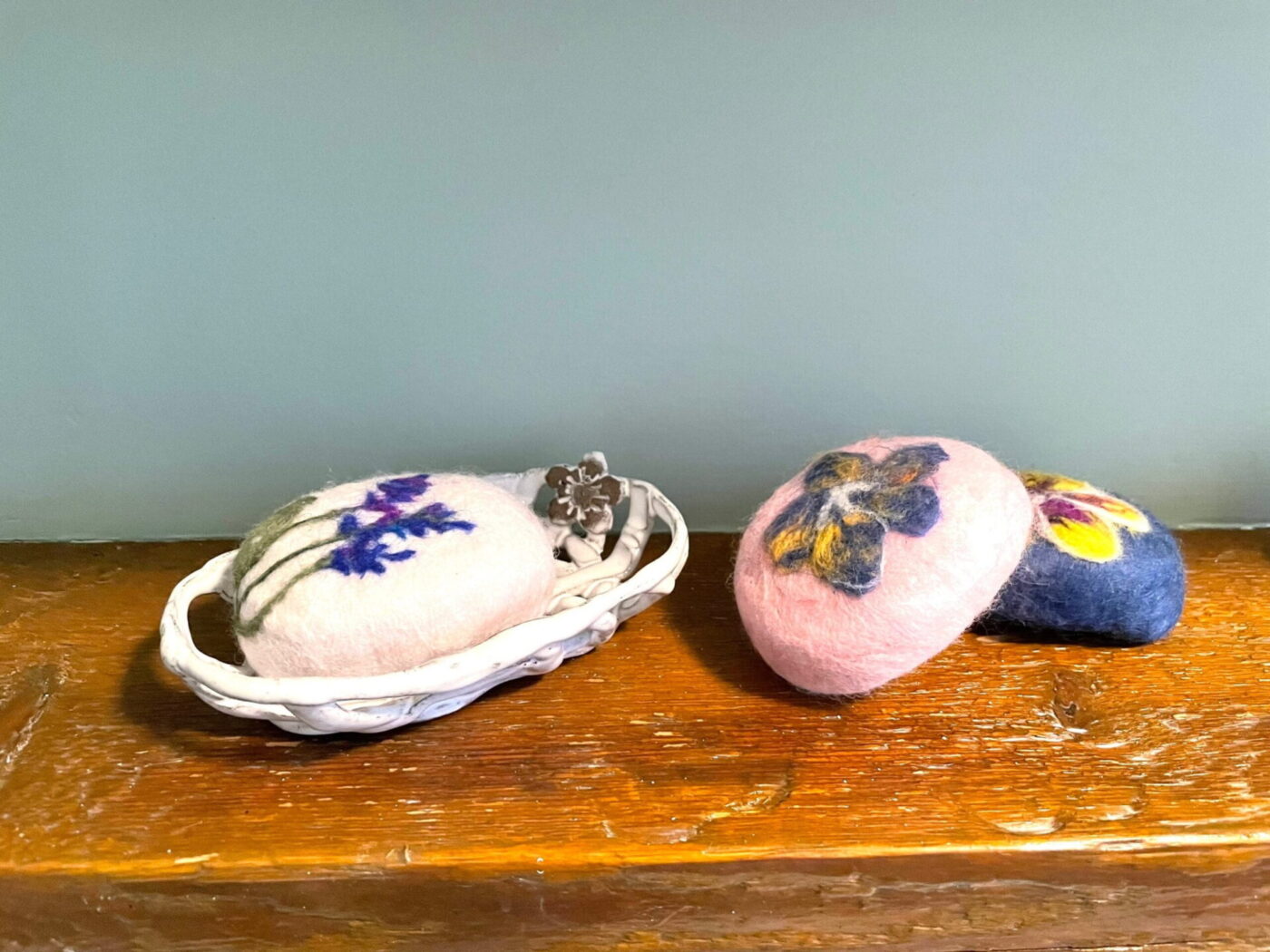 Pink Wool Felted Dove Soap — scale view
