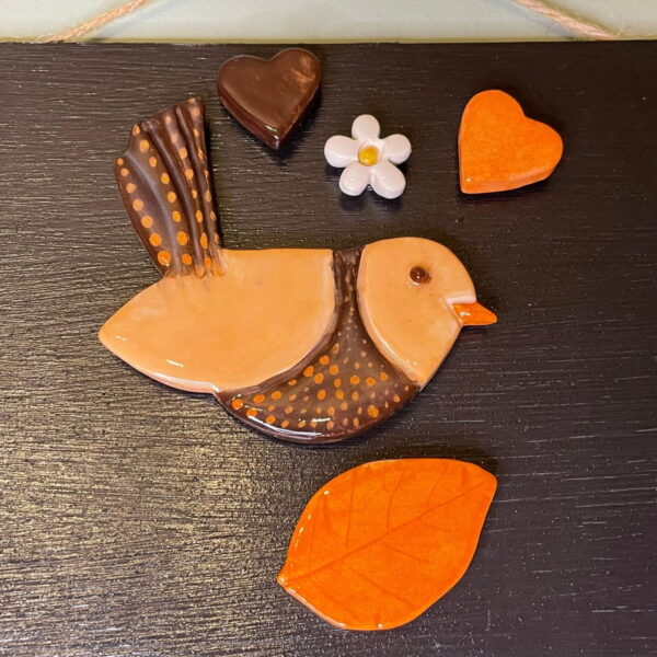 Set of 5 autumn ceramic fridge magnet set/ a singing bird, love hearts, a flower and a leaf fridge magnets/ magnetic black board