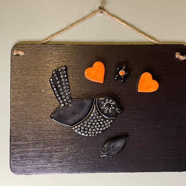 Set of 5 black and orange ceramic magnets /a singing bird, love hearts, a flower and a leaf fridge magnets/ magnetic canvas