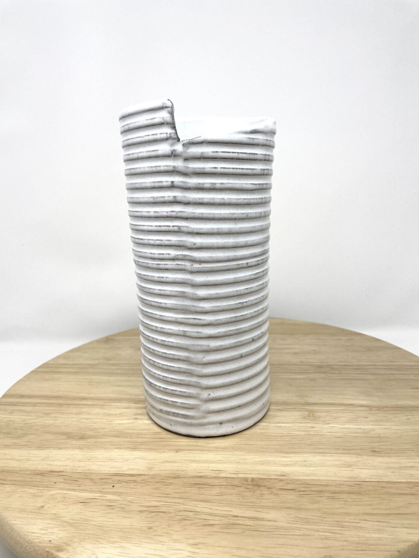 Hand-Built White Striped Ceramic Vase — close-up