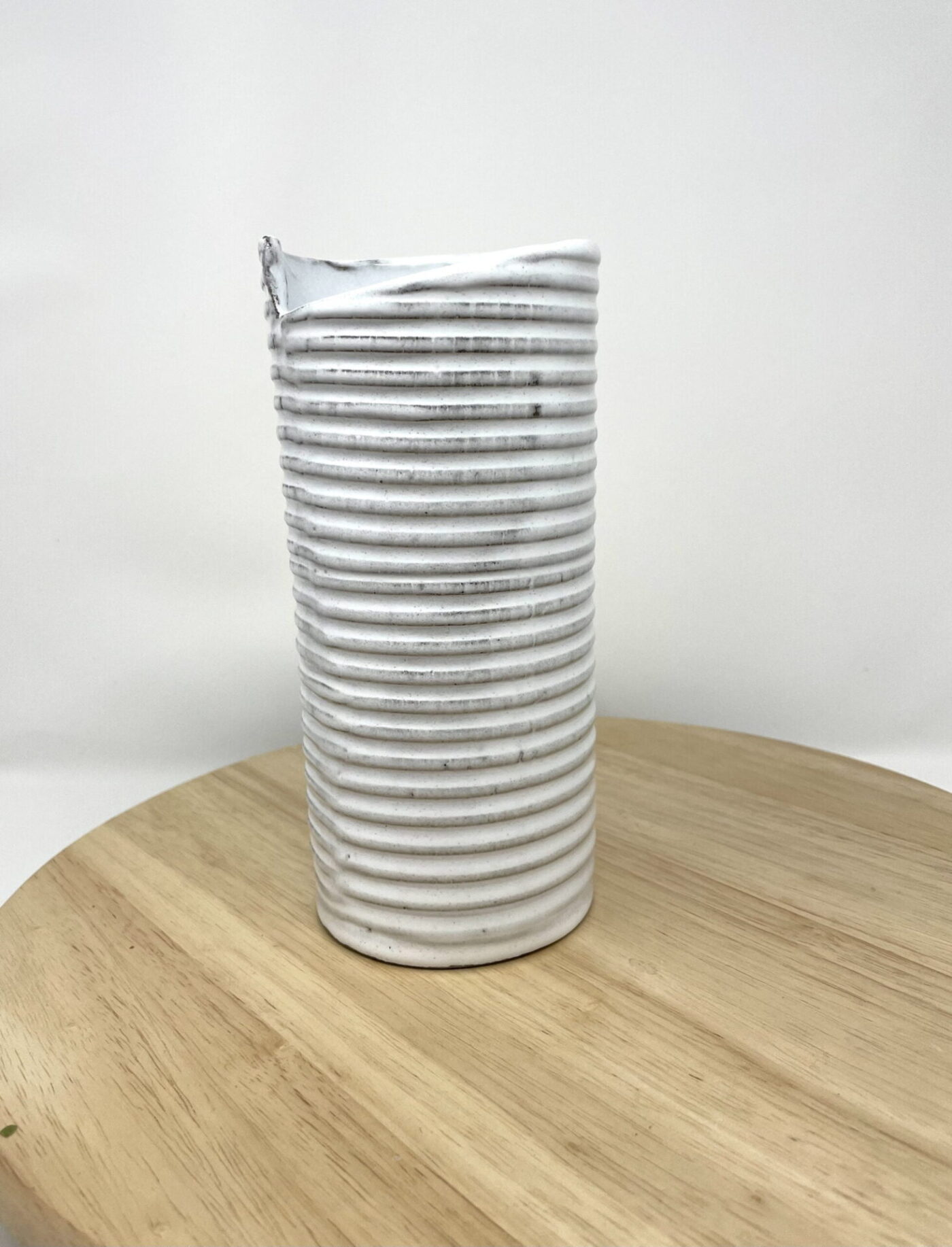 Hand-Built White Striped Ceramic Vase — side view