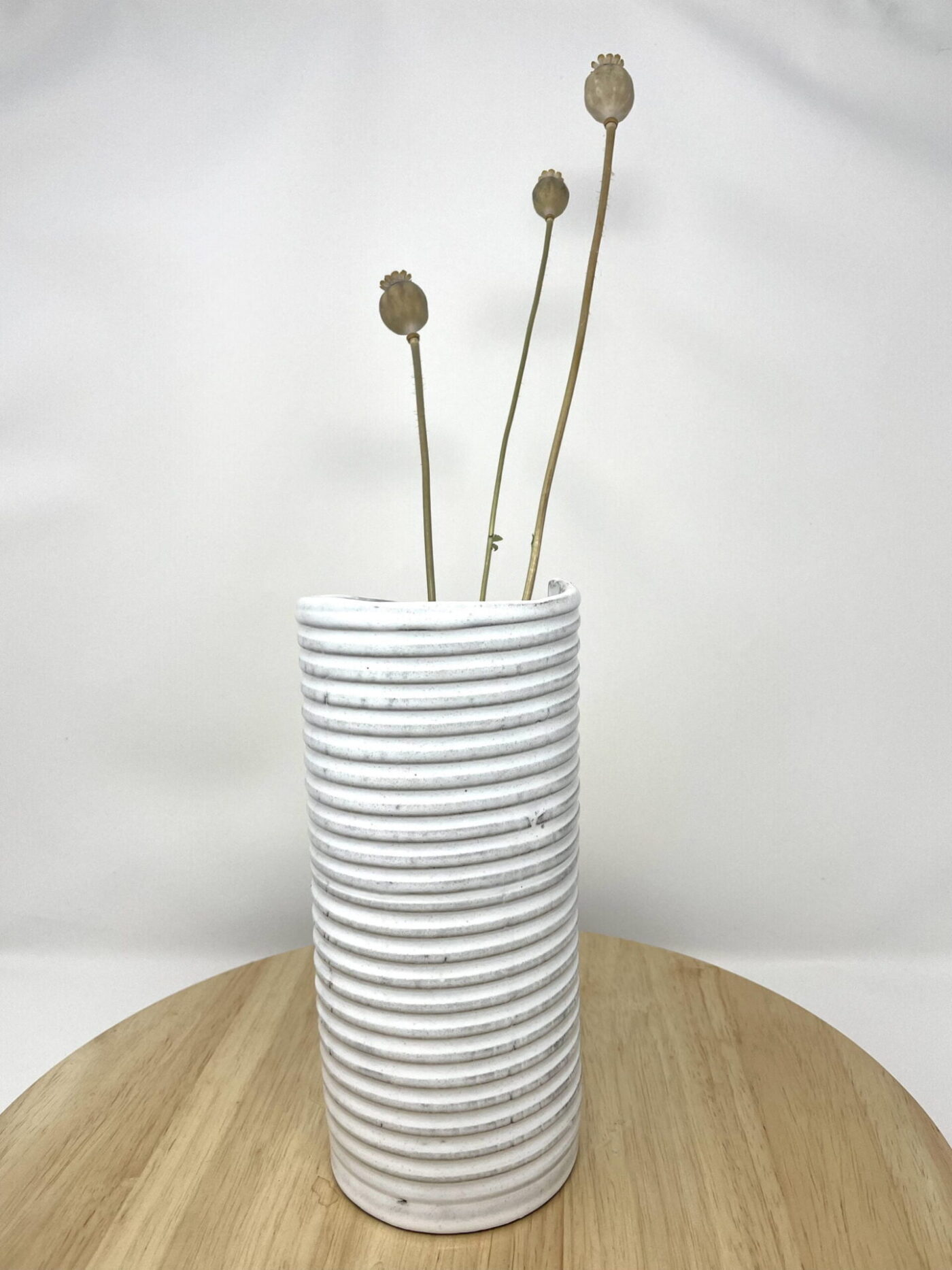Hand-Built White Striped Ceramic Vase — back view