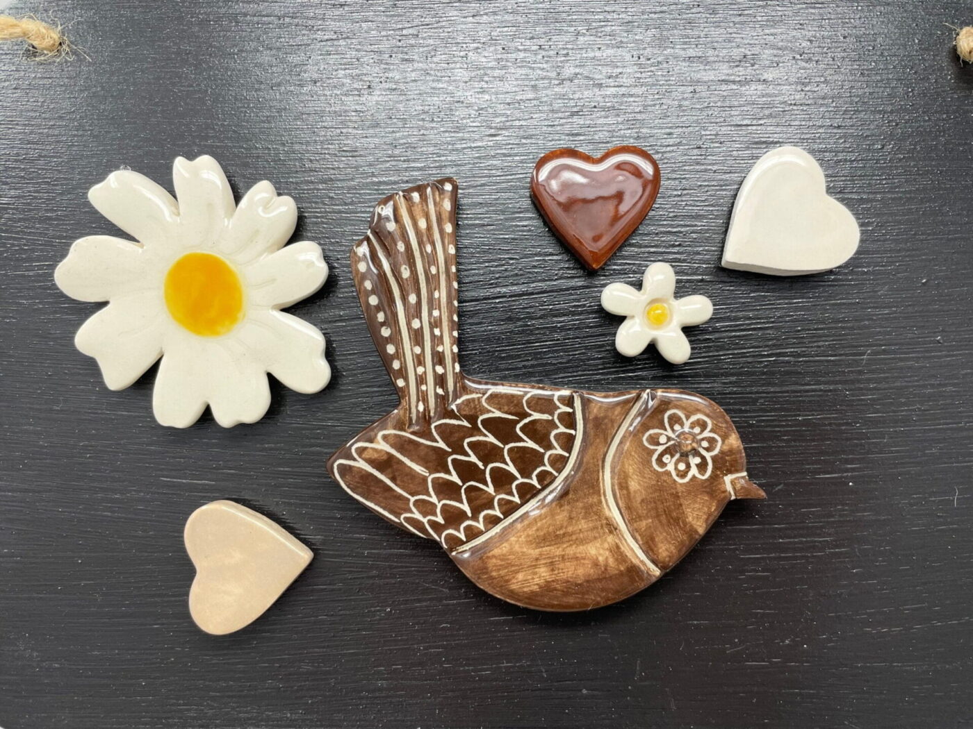 Brown Bird, Hearts & White Flowers Magnet Set of 6 — side view