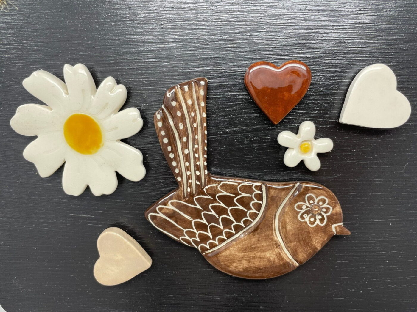 Brown Bird, Hearts & White Flowers Magnet Set of 6 — in use