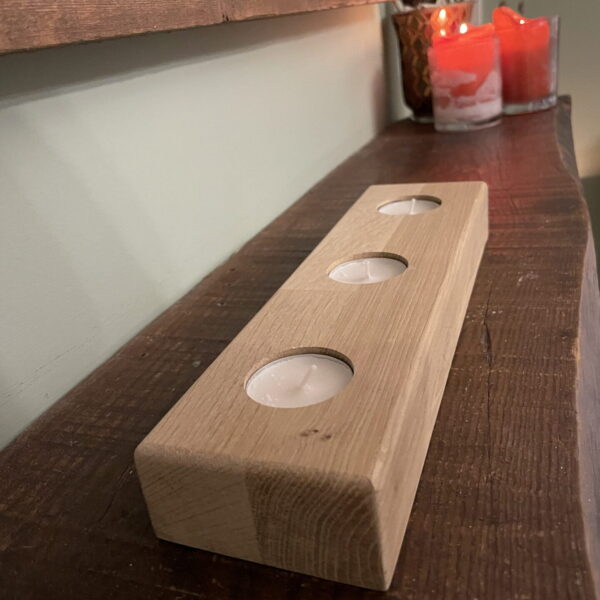Natural wooden Tea candle holder from reclaimed wood for 3 tealights from oak wood