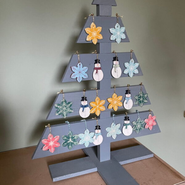 Grey painted Wood Christmas tree display for ceramic pendant ornaments or other hanging Christmas decoration