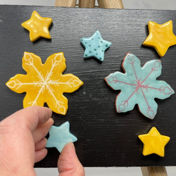 Set of Handmade Christmas Ceramic pottery magnets / Christmas yellow and teal snowflake , and 5 small star shaped magnets / advent magnets