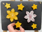 Set of Handmade Christmas Ceramic pottery magnets / Christmas yellow and white snowflake , and 5 small star shaped magnets / advent magnets