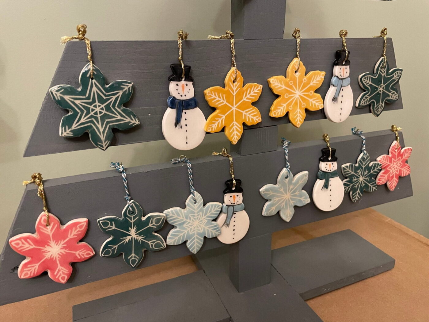 Grey Wood Christmas Tree Display — in use