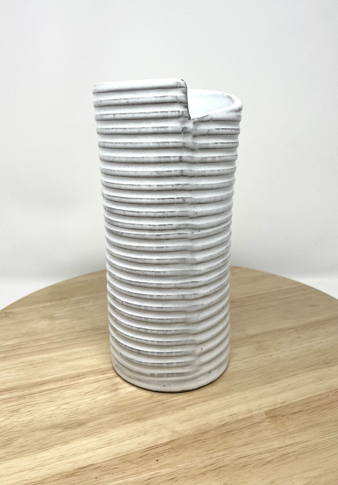 Hand-Built White Striped Ceramic Vase — alternate angle