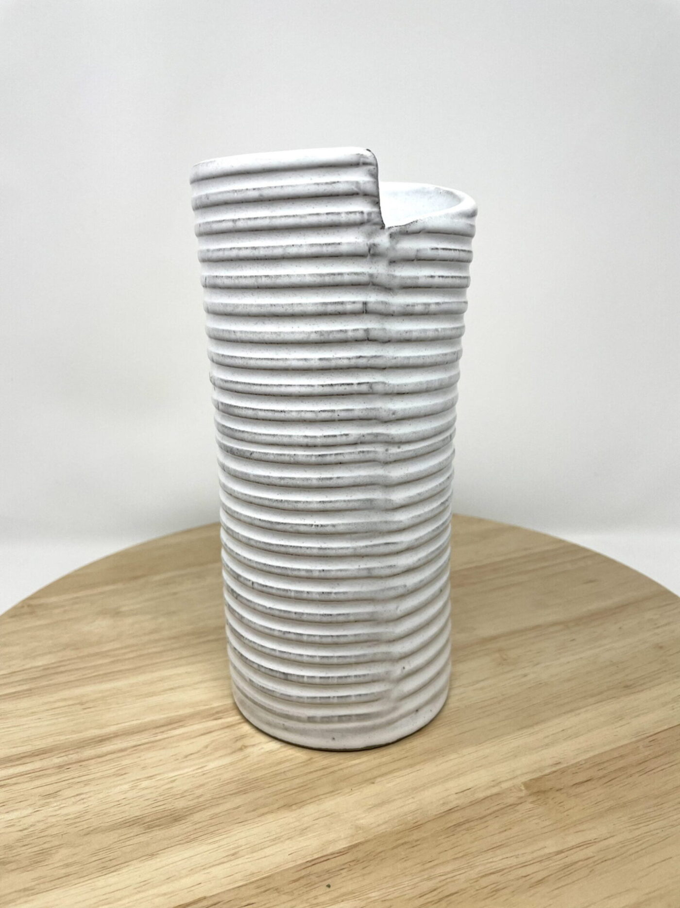 Hand-Built White Striped Ceramic Vase — top view