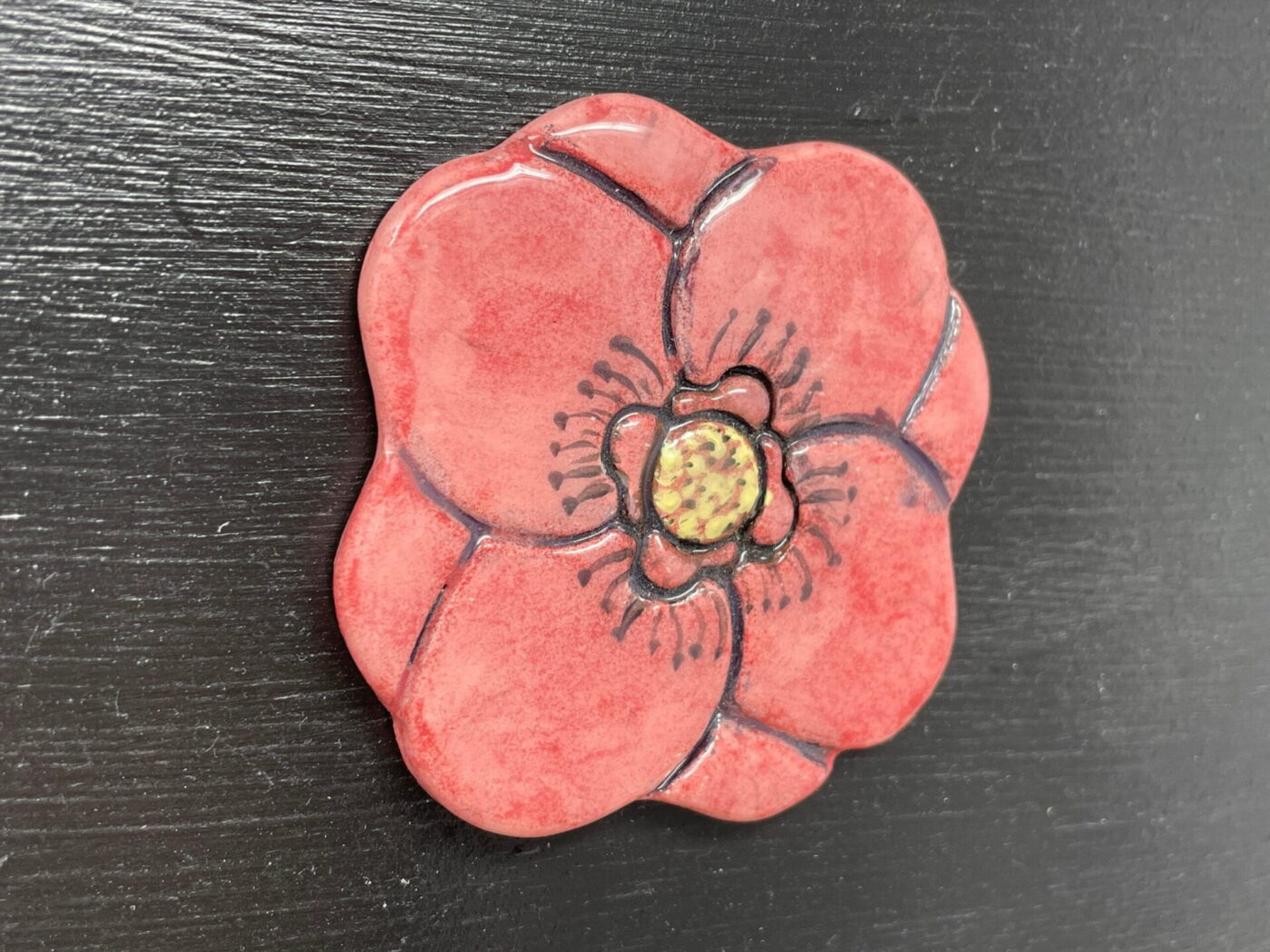 Red Poppy Ceramic Magnet — top view