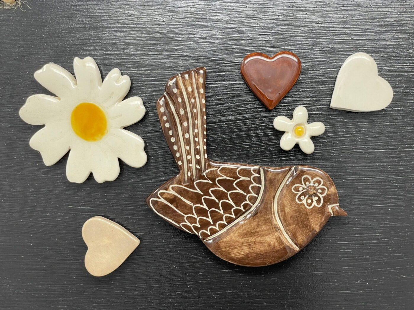 Brown Bird, Hearts & White Flowers Magnet Set of 6