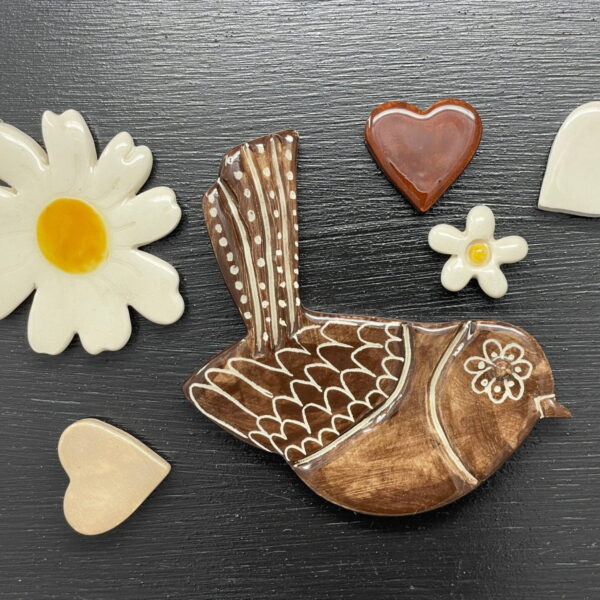 Handmade ceramic fridge magnet set including 6 magnets /  Bird, love heart shaped magnets a small and large flower / magnetic black board