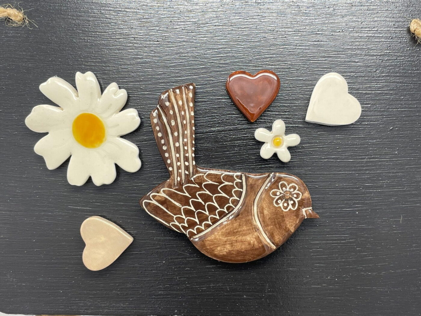 Brown Bird, Hearts & White Flowers Magnet Set of 6 — close-up