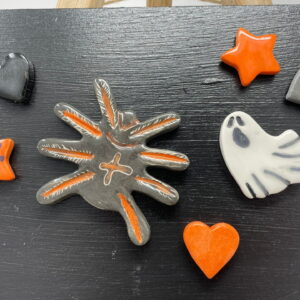 Halloween ceramic magnets including 7 magnets in a set/ a spider, a ghost 2 stars and 3 heart shaped fridge magnets/ magnetic black board