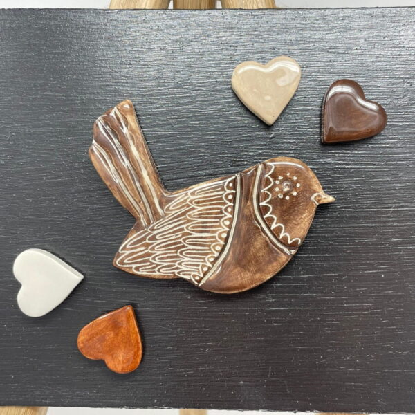 Handmade ceramic pottery magnet set/ bird in brown hues and love heart shaped fridge magnets / magnetic black board
