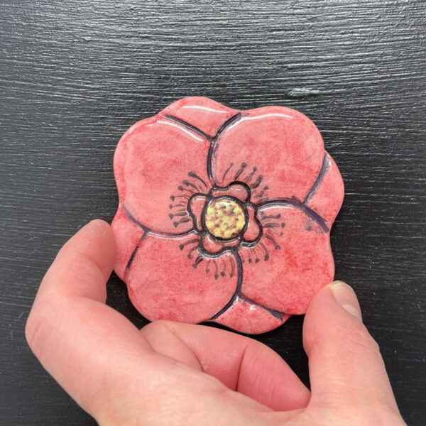 Handmade pottery ceramic red poppy magnet/ red poppy shaped fridge magnet