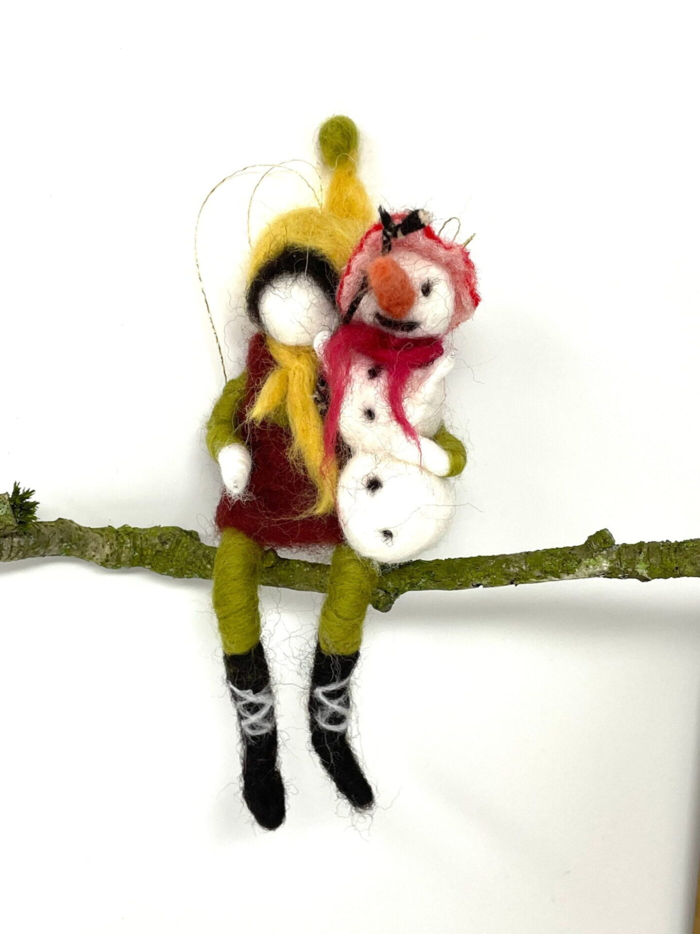 Wool needle felted boy with his snowman friend hanging Christmas ornaments
