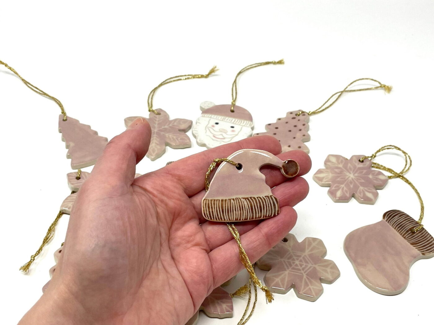 Pink & Brown Ceramic Christmas Ornament Set (9) — detail view