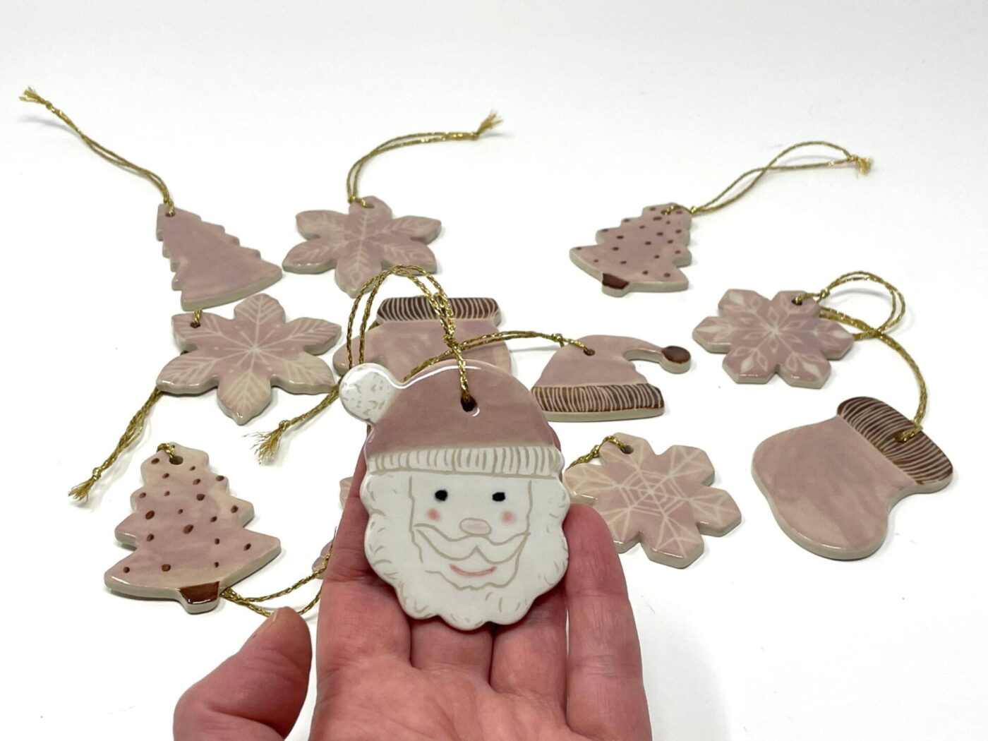 Pink & Brown Ceramic Christmas Ornament Set (9) — alternate angle