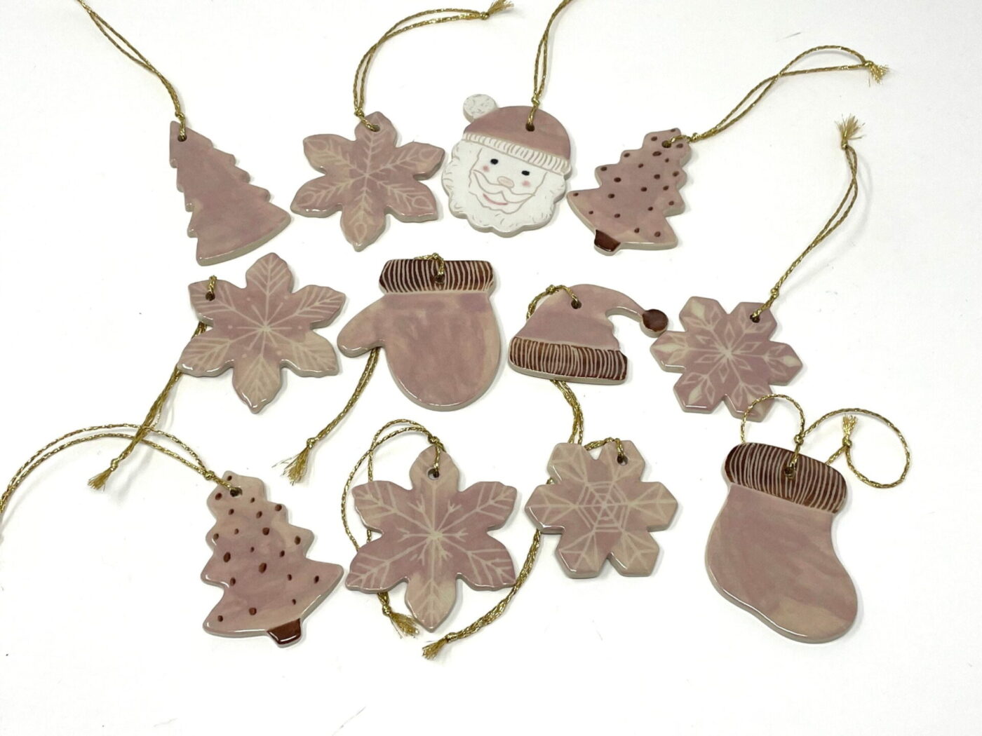 Pink & Brown Ceramic Christmas Ornament Set (9) — close-up