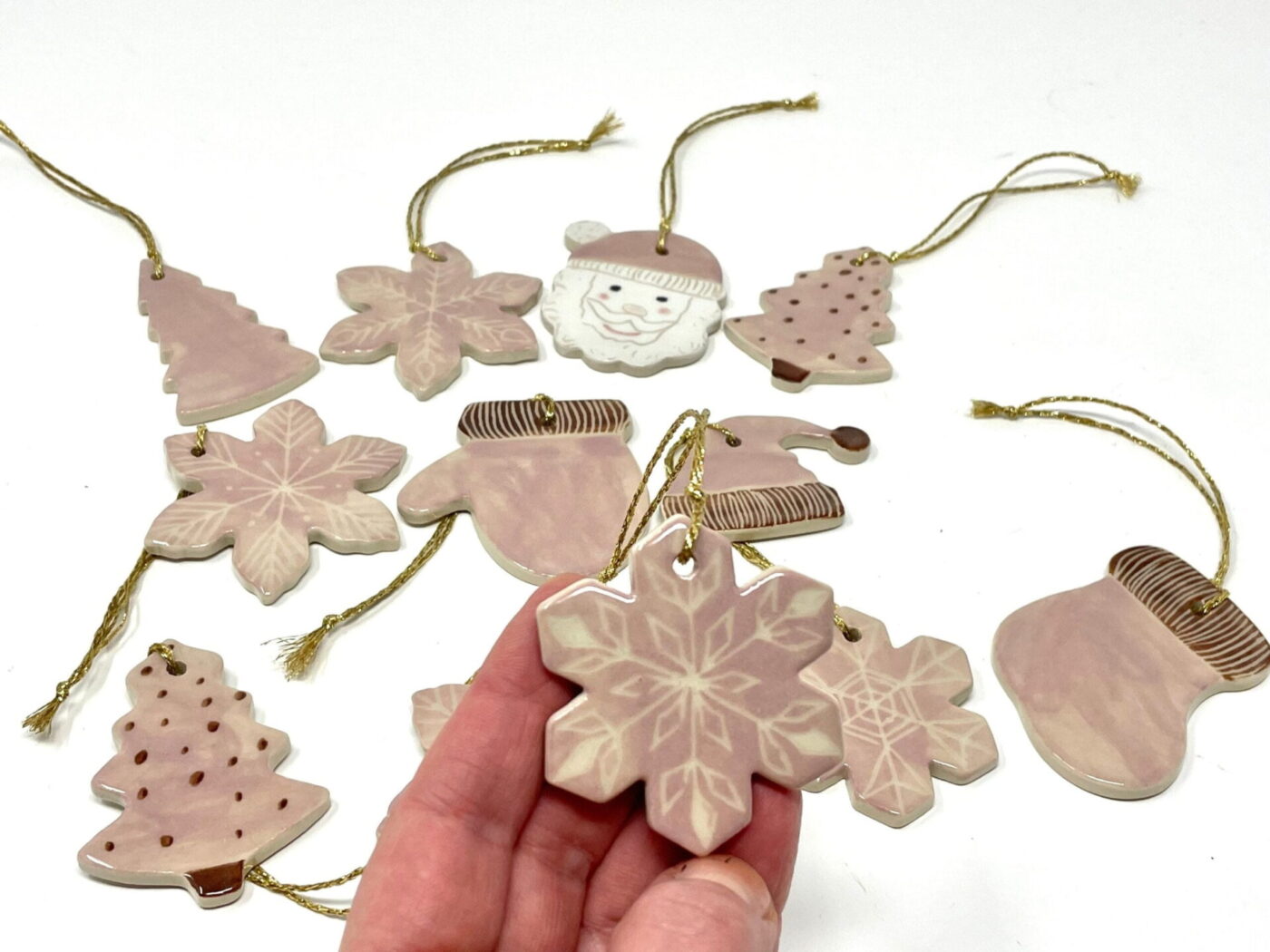 Pink & Brown Ceramic Christmas Ornament Set (9) — back view