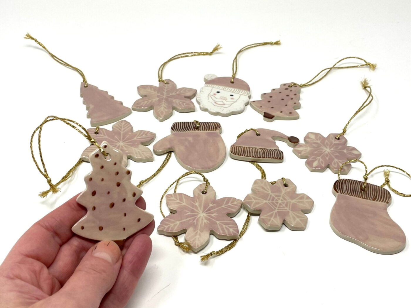 Pink & Brown Ceramic Christmas Ornament Set (9) — top view