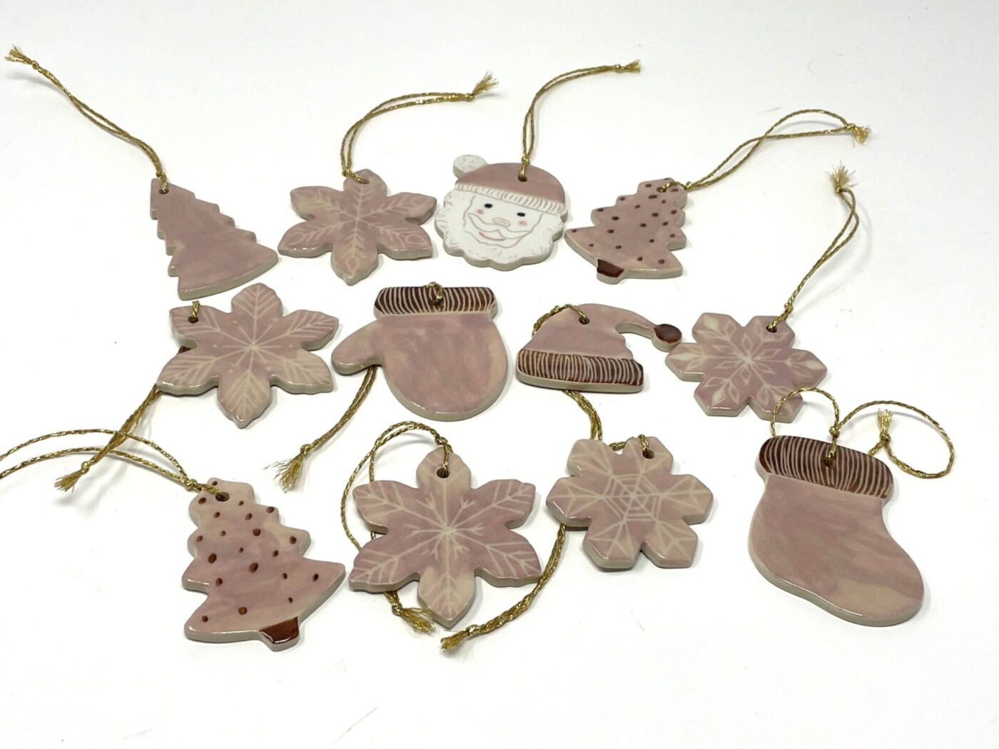 Pink & Brown Ceramic Christmas Ornament Set (9) — in use