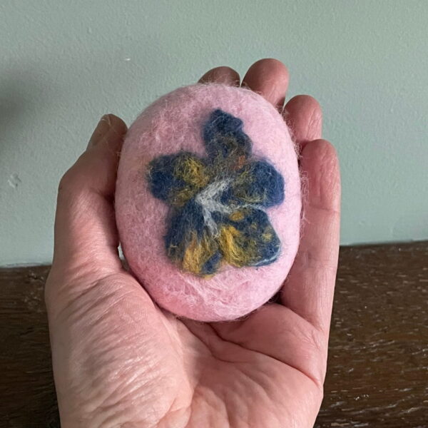 Hand felted dove soap bar in pink with a yellow and blue flower / Mother’s Day gift