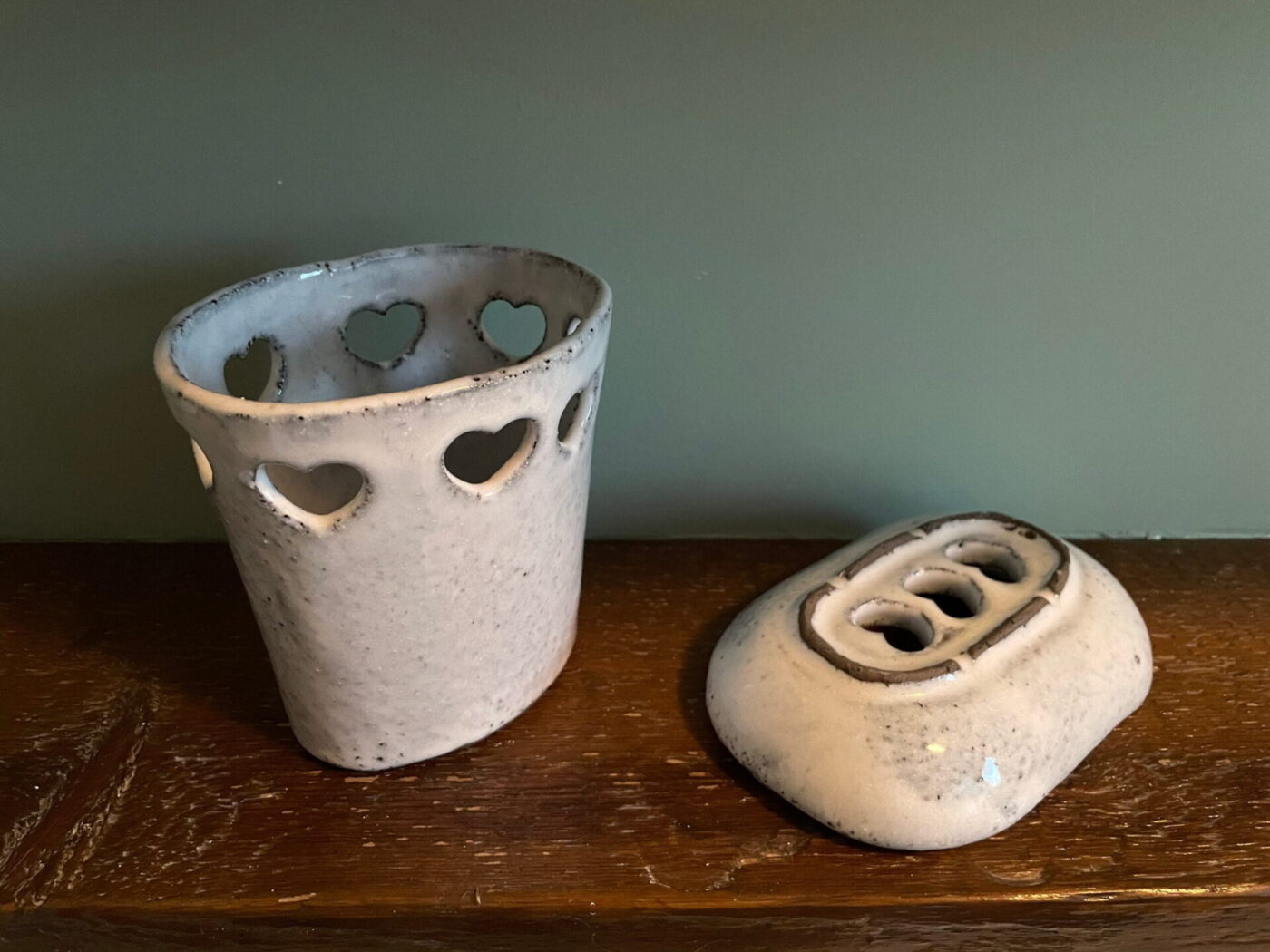 White Ceramic Soap Dish & Toothbrush Holder Set — in use