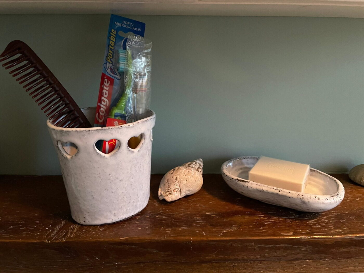 White Ceramic Soap Dish & Toothbrush Holder Set — styling detail
