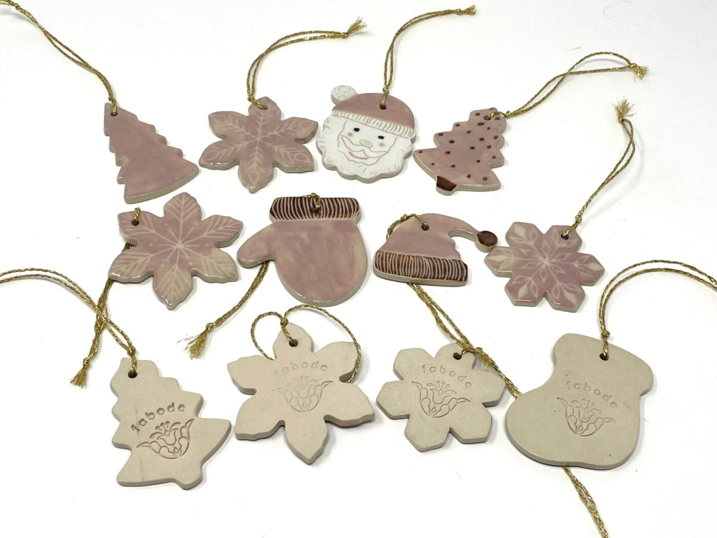 Pink & Brown Ceramic Christmas Ornament Set (9) — side view