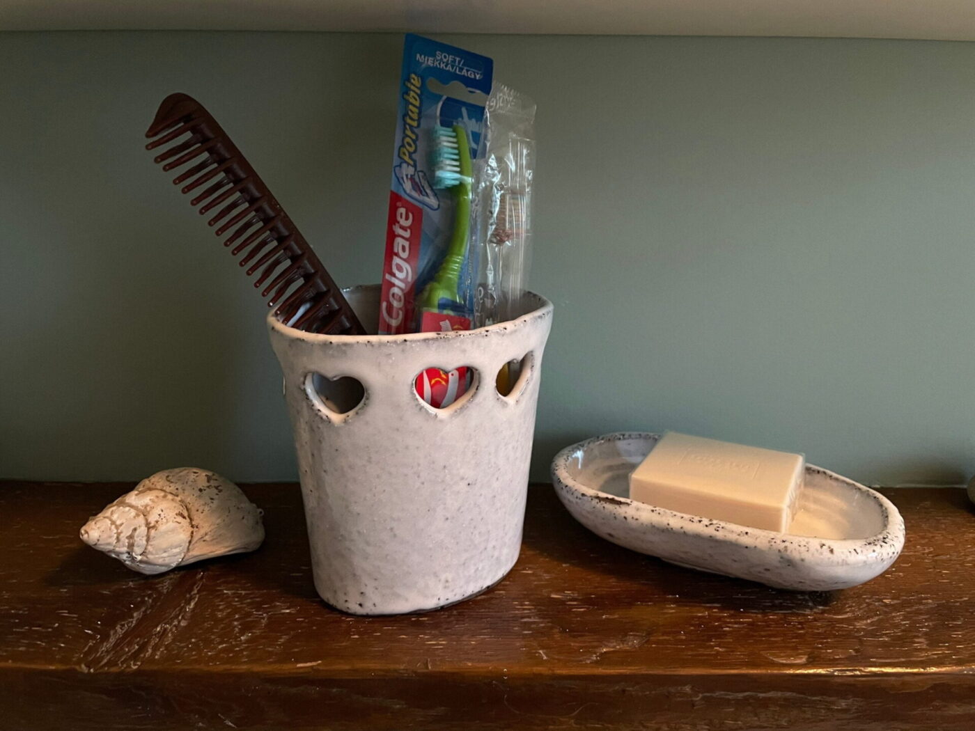 White Ceramic Soap Dish & Toothbrush Holder Set — detail view