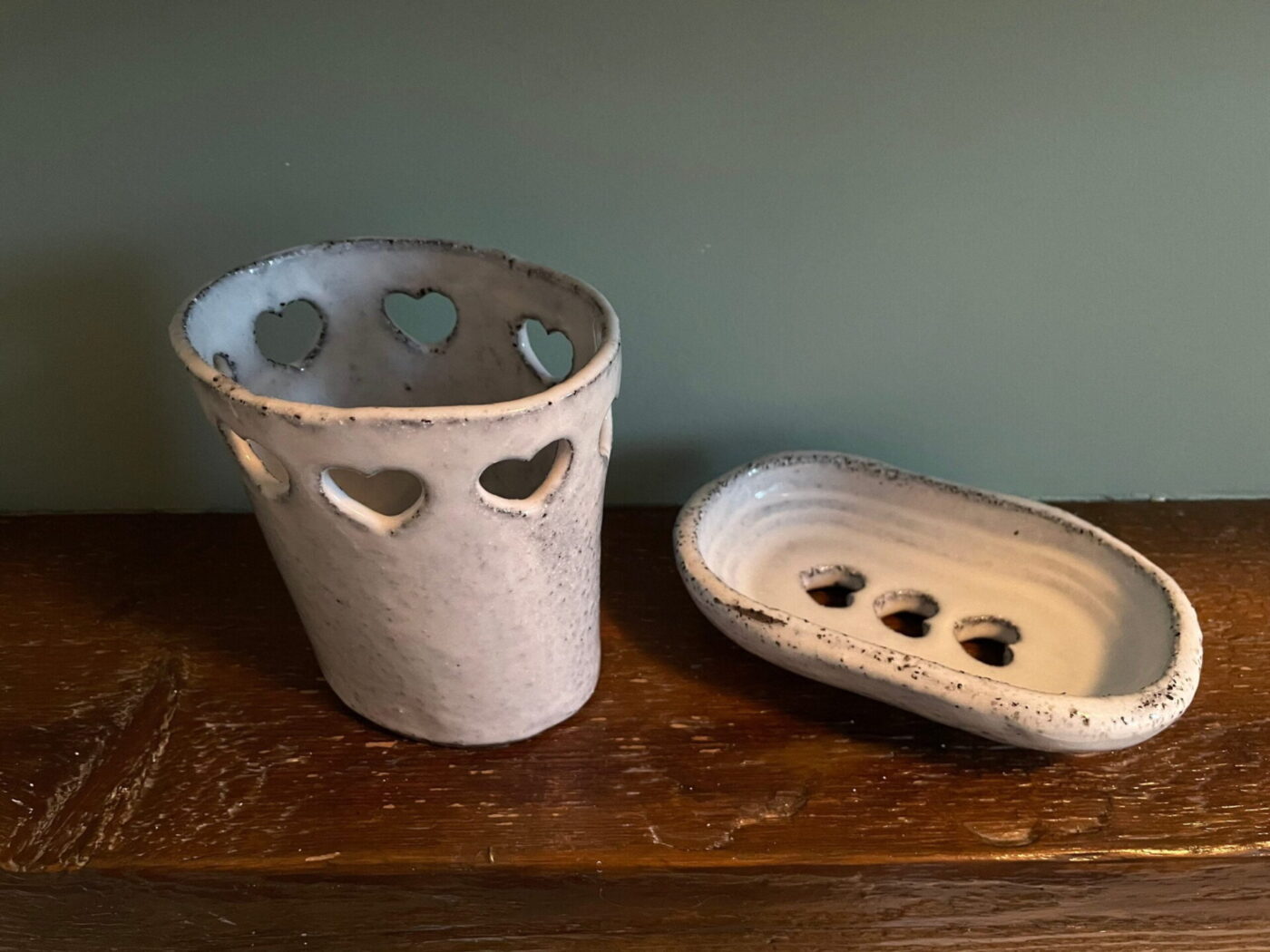 White Ceramic Soap Dish & Toothbrush Holder Set — scale view