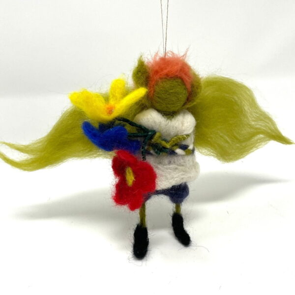 Ginger haired green garden elf handmade wool felted hanging tree decoration / good luck bringing figure