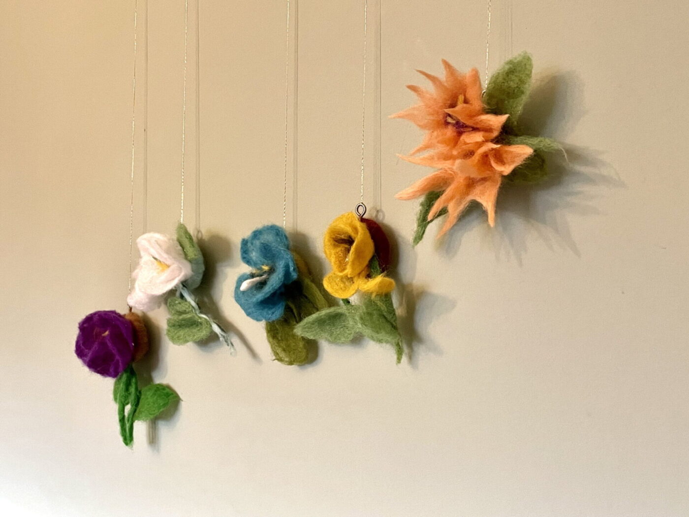 Wool Felted Hanging Spring Flowers — side view