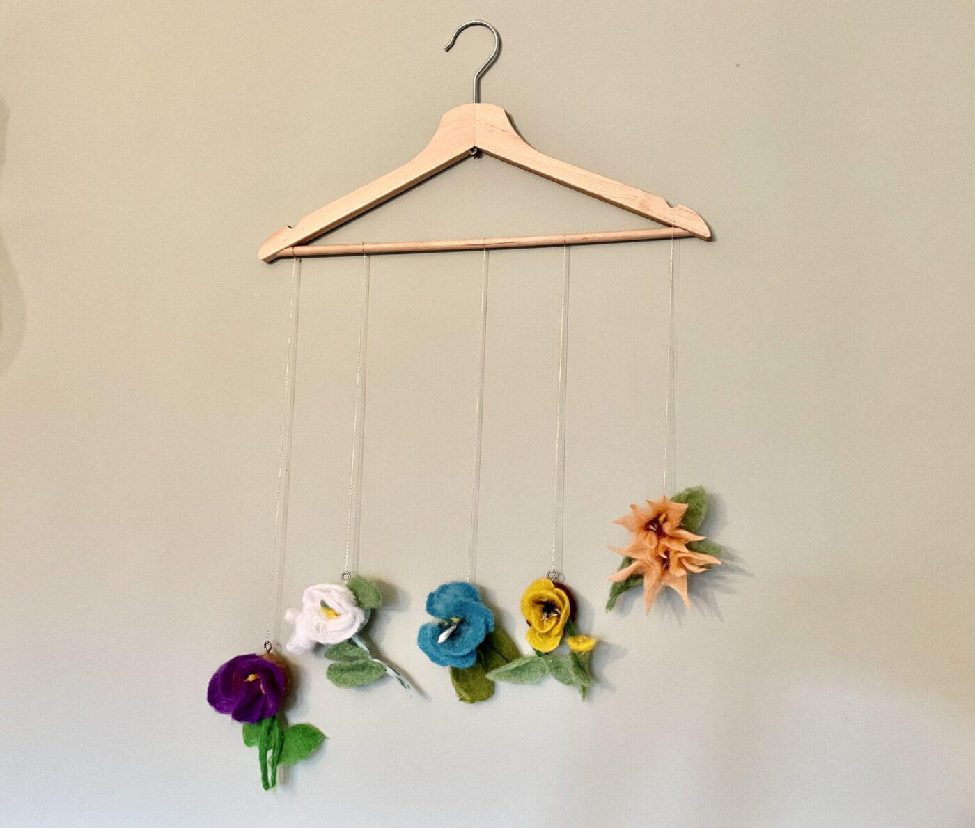 Wool Felted Hanging Spring Flowers — close-up