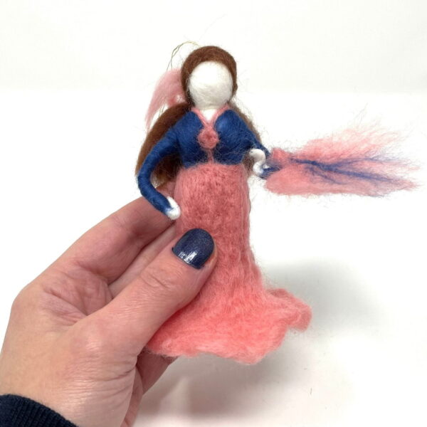 Geisha in pink and blue dress handmade wool felted hanging tree decoration / brown haired geisha with fan