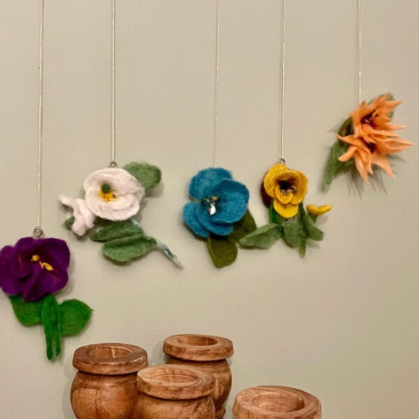 Handmade wool felted hanging spring flowers / mothers day flowers in purple, white, teal, orange and sun yellow