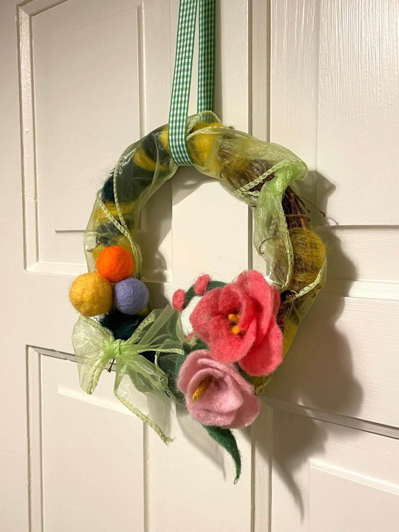 Wool Felted Spring Wreath — close-up