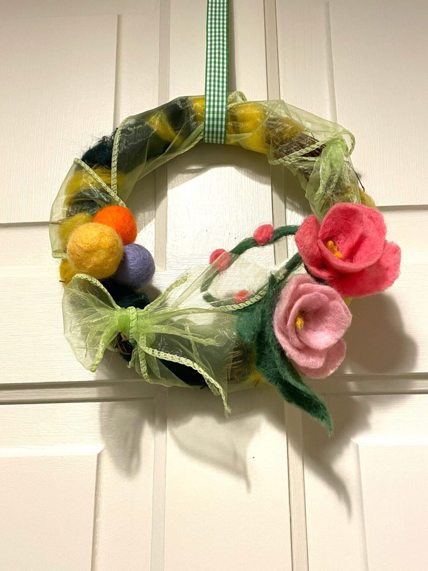 Wool Felted Spring Wreath — back view