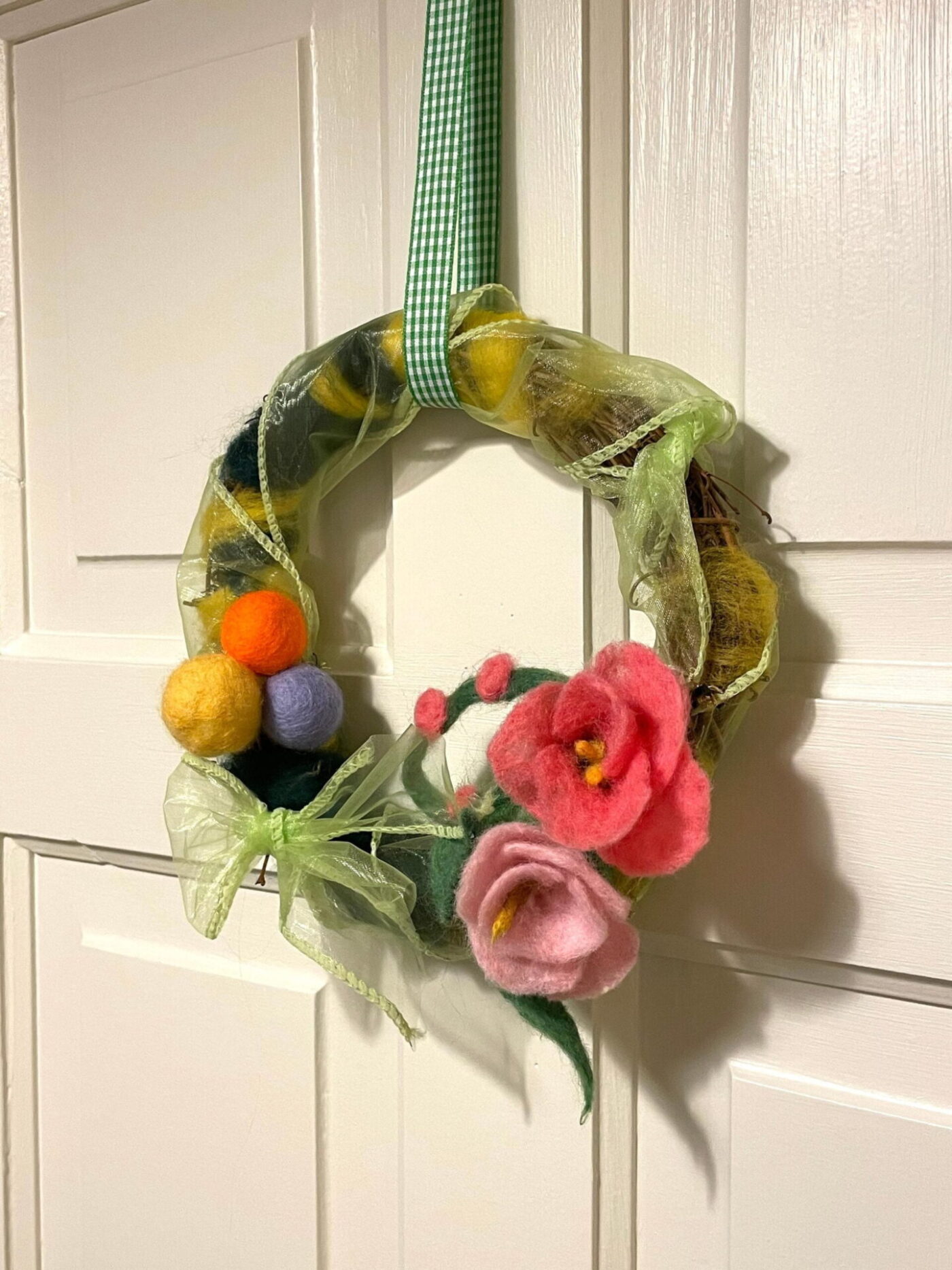 Wool Felted Spring Wreath — alternate angle