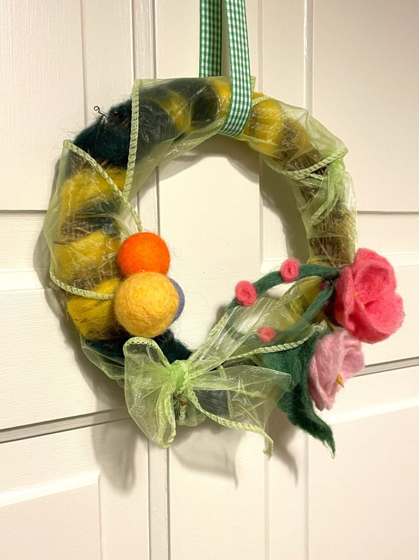 Wool Felted Spring Wreath — top view