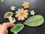 Set of 7 nature inspired magnets in a set/ leafs,  orangey peach flowers and a mushroom fridge magnets/ magnetic mosaic