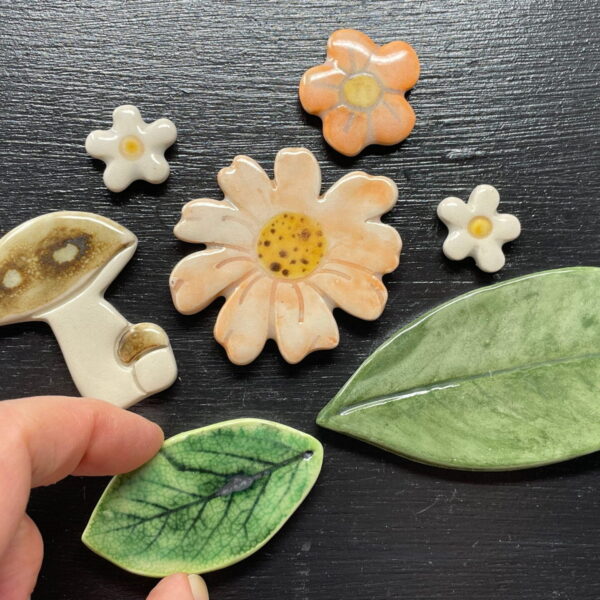 Set of 7 nature inspired magnets in a set/ leafs,  orangey peach flowers and a mushroom fridge magnets/ magnetic mosaic