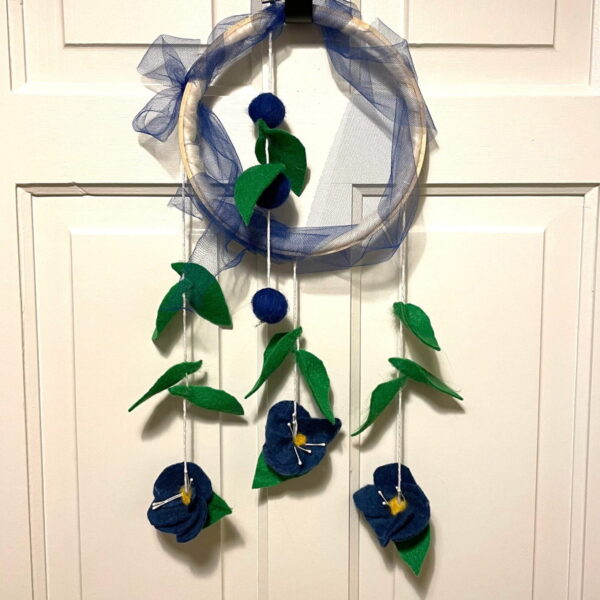Wall hanging decoration with felted wool flowers leaves and balls in dark blue and green /Handmade hanging decor
